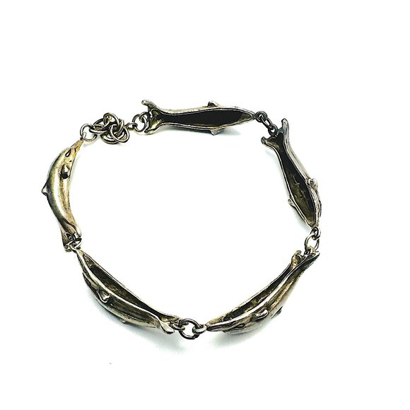Vintage 70s Shube's Sterling Silver Dolphin Link Bracelet—Signed Statement Piece - Picture 5 of 13